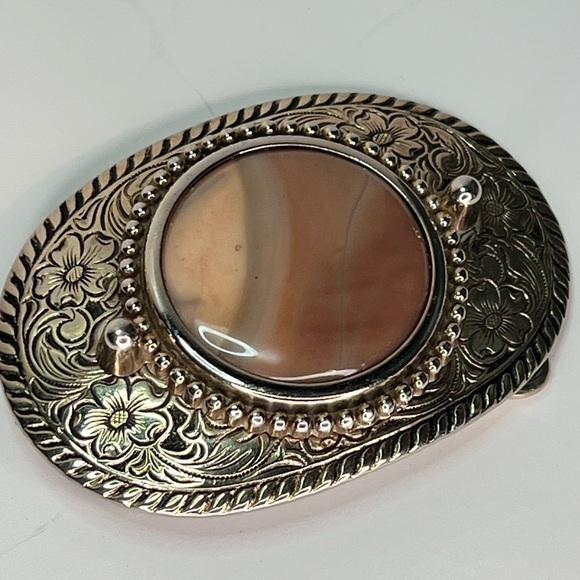 Vintage Western Stone Agate Cab Cabochon Etched Silver Gold Belt Buckle - Picture 3 of 7